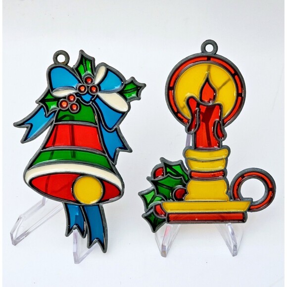 Stained Glass Vintage Suncatcher Christmas Ornament Lot 2 Candlestick & Bell VGC - Picture 8 of 8